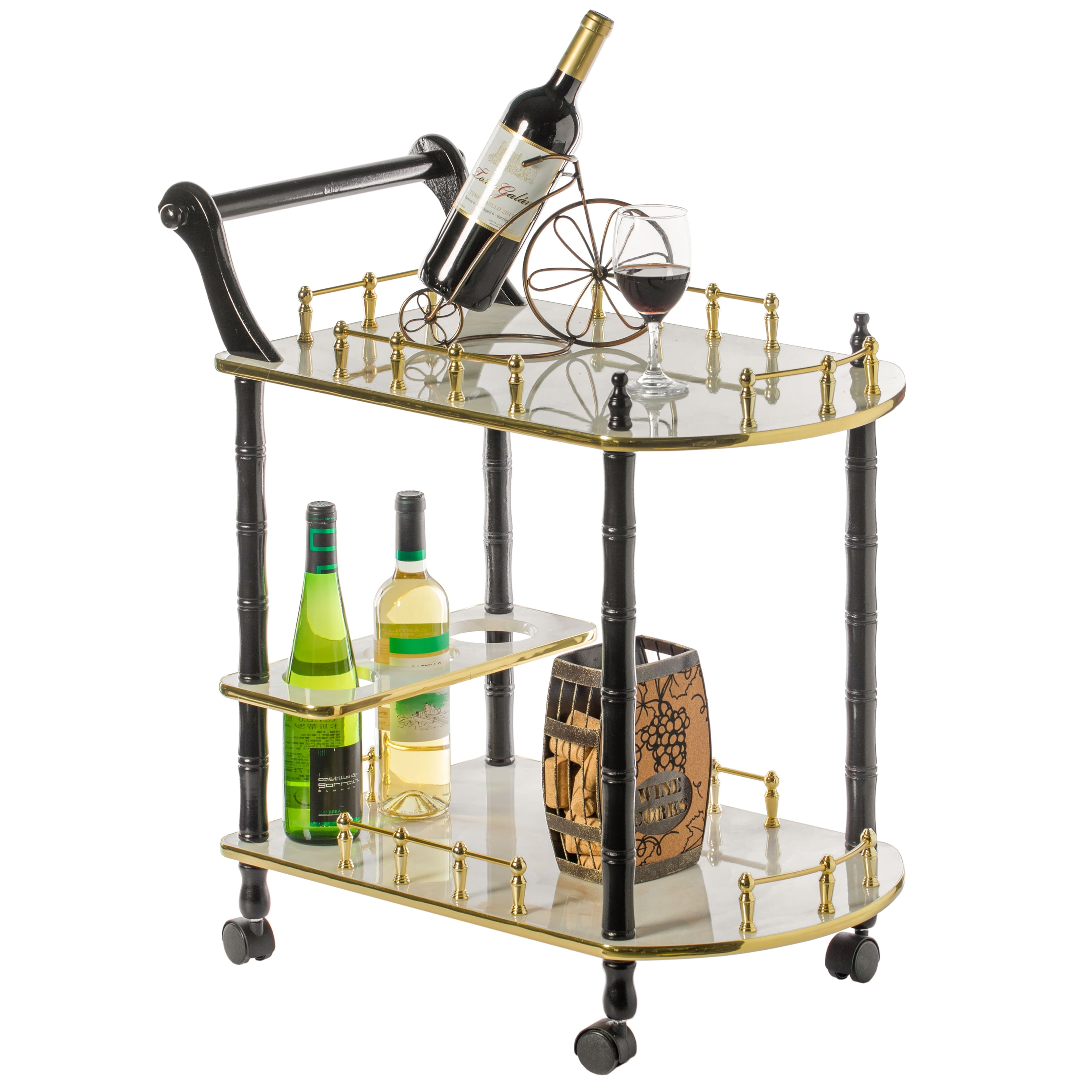 Fabulae White Wood Serving Bar Cart with Wine Rack and Rolling Wheels