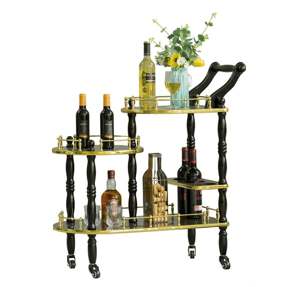Wood Serving Bar Cart Tea Trolley with 3 Tier Shelves and Rolling Wheels