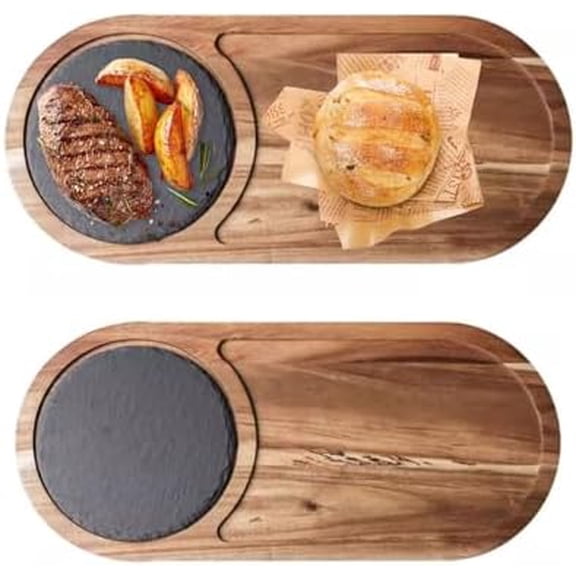 Wood Serving Board with Slate Insert Set of 2, Steak Cutting Plate Board Serving Tray Steak Platter and Cutting Board for Appetizer Cheese$$Home Decor, Kitchen, & Other