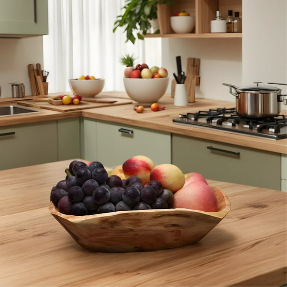 Wood Serving Bowl, Large 12-13" Unique Fruit Bowl Organic Shape Salad Bowl Rustic Decorative Centerpiece for Dining Table Counter Kitchen Home Decor