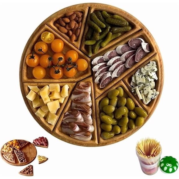 Wood Serving Tray Chip Tray with 8 Removable Compartments, Puzzle Serving Tray, 9.84 inch, Divided Serving Tray, Wood Nuts Storage Platter Tray, for Veggie Platter Snacks Party