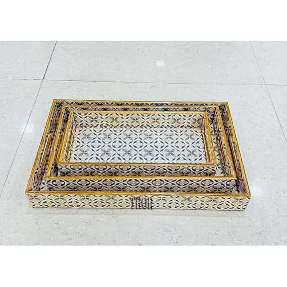 Wood Serving Tray with Cutout Handles Kitchen Food Tray Great for Dinners Party,Tea Bar, Table Breakfast Snack Decorative Tray Set of 3 (16 x 14 x 12 inch)