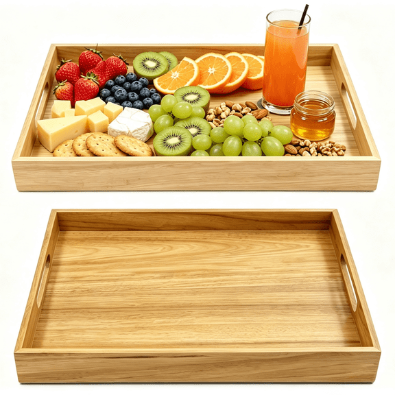 TWGRNF Acacia Wood Serving Tray with Cutout Handles, Rectangular Ottoman Bed Breakfast Tray, Decorative Wooden Platter for Coffee Table, Food Serving & Home Bathroom Storage, Housewarming Gift
