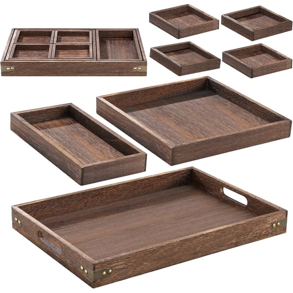 Wood Serving Tray with Handle, Set of 7 Nesting Rectangular Trays for Party | 4 Sizes Tray-Snacks to Entrees,Decorative Serving Platter for Breakfast Bed,Lunch,Ottoman,Coffee Table