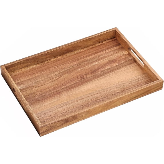 Wood Serving Tray with Handles, 16.9 Inch Coffee Table Tray for Daily Use, Farmhouse Wooden Serving Tray for Breakfast, Lunch, Dinner, Home Kitchen Dining Tabletop Decor, Ottoman Decorative Tray