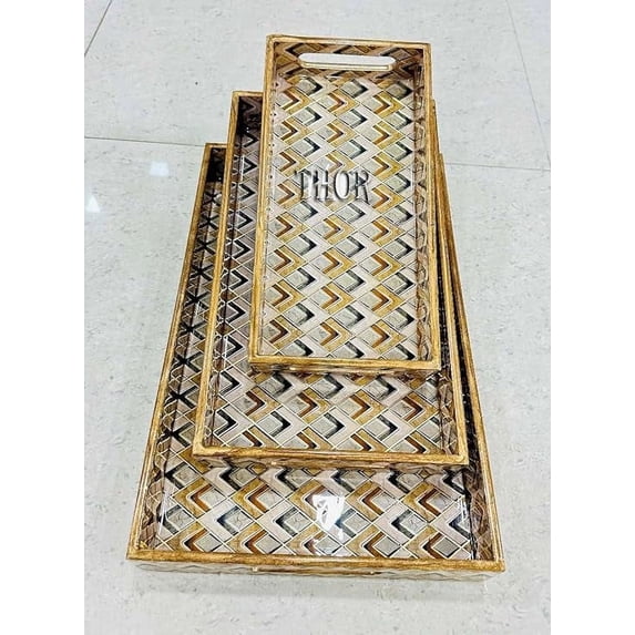 Wood Serving Tray with Handles,Decorative Tray Set of 3 with Nesting Stacking Design,Rustic Ottoman Tray for Kitchen Counter/Coffee Table/Living Room Decor,Versatile Tray for Party Picnic