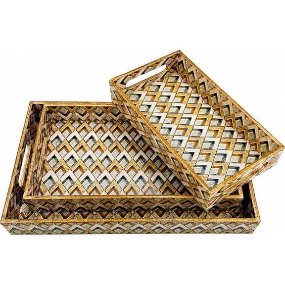 Wood Serving Tray with Handles,Decorative Tray Set of 3 with Nesting Stacking Design,Rustic Ottoman Tray for Kitchen Counter/Coffee Table/Living Room Decor,Versatile Tray for Party Picnic