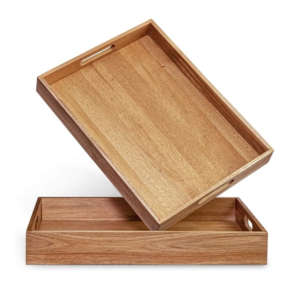 Wood Serving Tray With Handles Set Of 2 - Decorative Trays Platter For Breakfast In Bed  Lunch Dinner Patio Ottoman Coffee Table Bbq Party -great Lap &couch