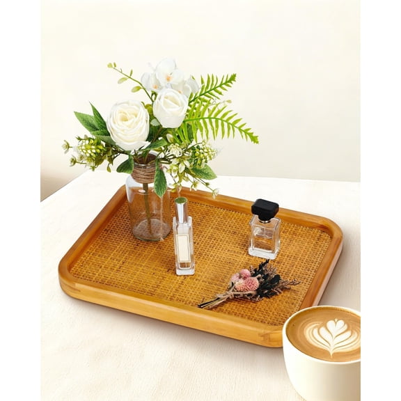 Wood Serving Tray, Rattan Tray Rectangular for Coffee Table, Living Room, Decorative Serving Woven Trays Wicker Baskets for Organizing and Home Decor, with 6 Anti slip cork mats (15.7" 11.8")