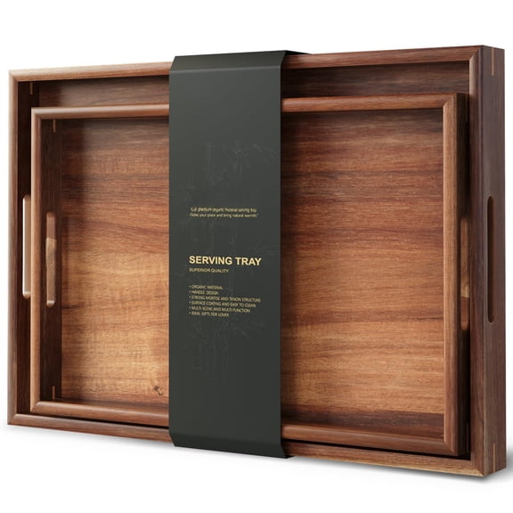 Wood Serving Tray Set of 2 Brown Decorative Platter for Breakfast, Drinks, Food Storage