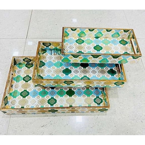 Wood Serving Tray with Handles Serving Tray Set for Food,Breakfast,Dinner, Ottoman Coffee Table, Parties, Restaurants, Home, Office (3 Pack)