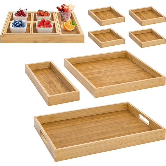 Wood Serving Trays with Handles, Set of 7 Rectangular Platters, Nesting Bamboo Tray for Breakfast in Bed, Entertaining, Couch, Party, Breakfast, Coffee Table, Home Decor