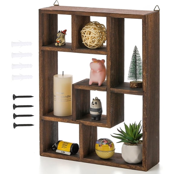 Wood Shadow Box, 15" x 12" Cubes Display Shelf, Freestanding & Wall Mountable Floating Shelves, 7-Compartment Knickknack Display Organizer with Screws for Christmas