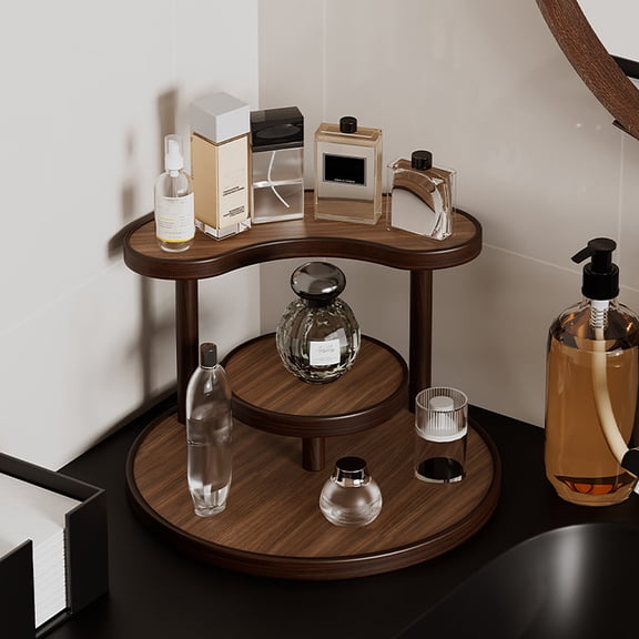 Wood Shelf Corner Display Rack, Wooden Disc Stand Indoor, Multi-Tier Storage Rack, Multi-Tier Shelf, Multi-Tier Wooden Round Storage Rack for Cosmetics and Perfumes, Brown