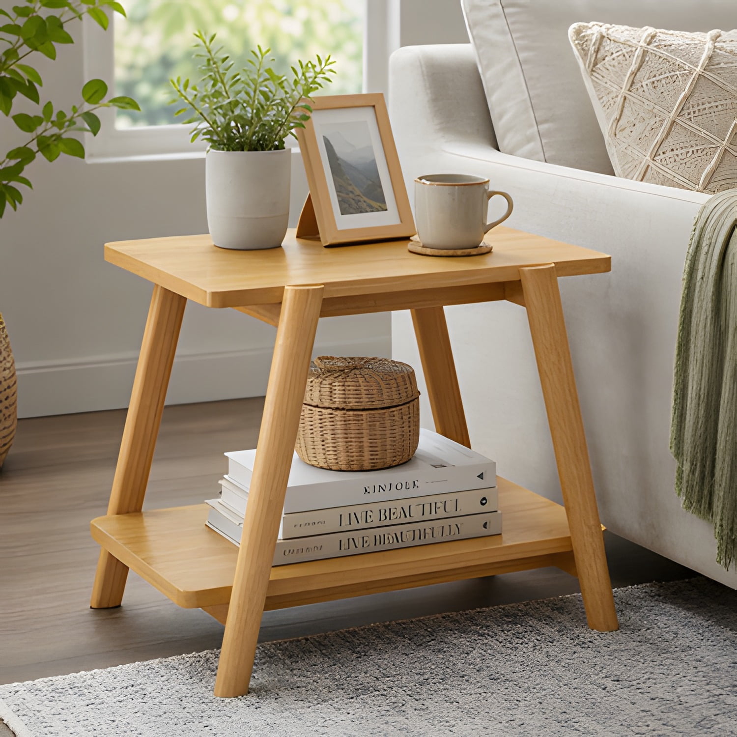 Wood Shelf End Table, Natural Oak Finish