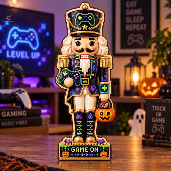 Wood Shelf Sitter, Gamer Nutcracker 3-Layer Tabletop Accent for Halloween Gaming Fans