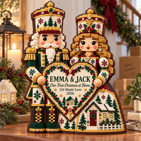 Wood Shelf Sitter, Personalized Newlywed Nutcracker Christmas 3-Layer Tabletop Keepsake for New Homeowners