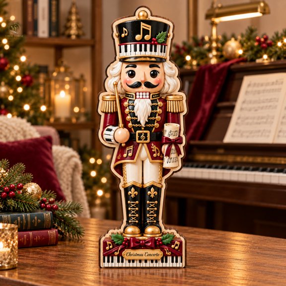 Wood Shelf Sitter, Pianist Nutcracker 3 Layer Block for Christmas Tabletop Display, Music Lovers