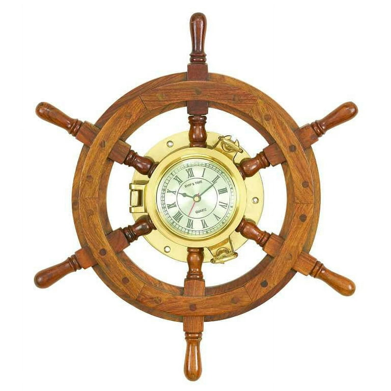Litton Lane Blue Wood Ship Wheel Sail Boat Analog Wall Clock 18196