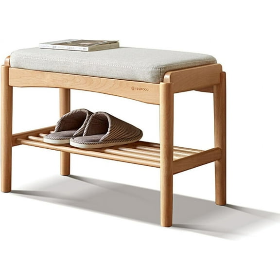 Wood Shoe Bench,2-Tier Storage Bench with Cushion Padded Seat,Entryway Bench with Shoe Storage, Small Bench for Entryway,Living Room (23.62inch, Natural Color)