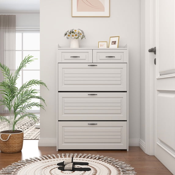 Wood Shoe Cabinet, Modern Shoe Rack Storage Cabinet with 3 Flip Drawers and 2 Storage Drawers