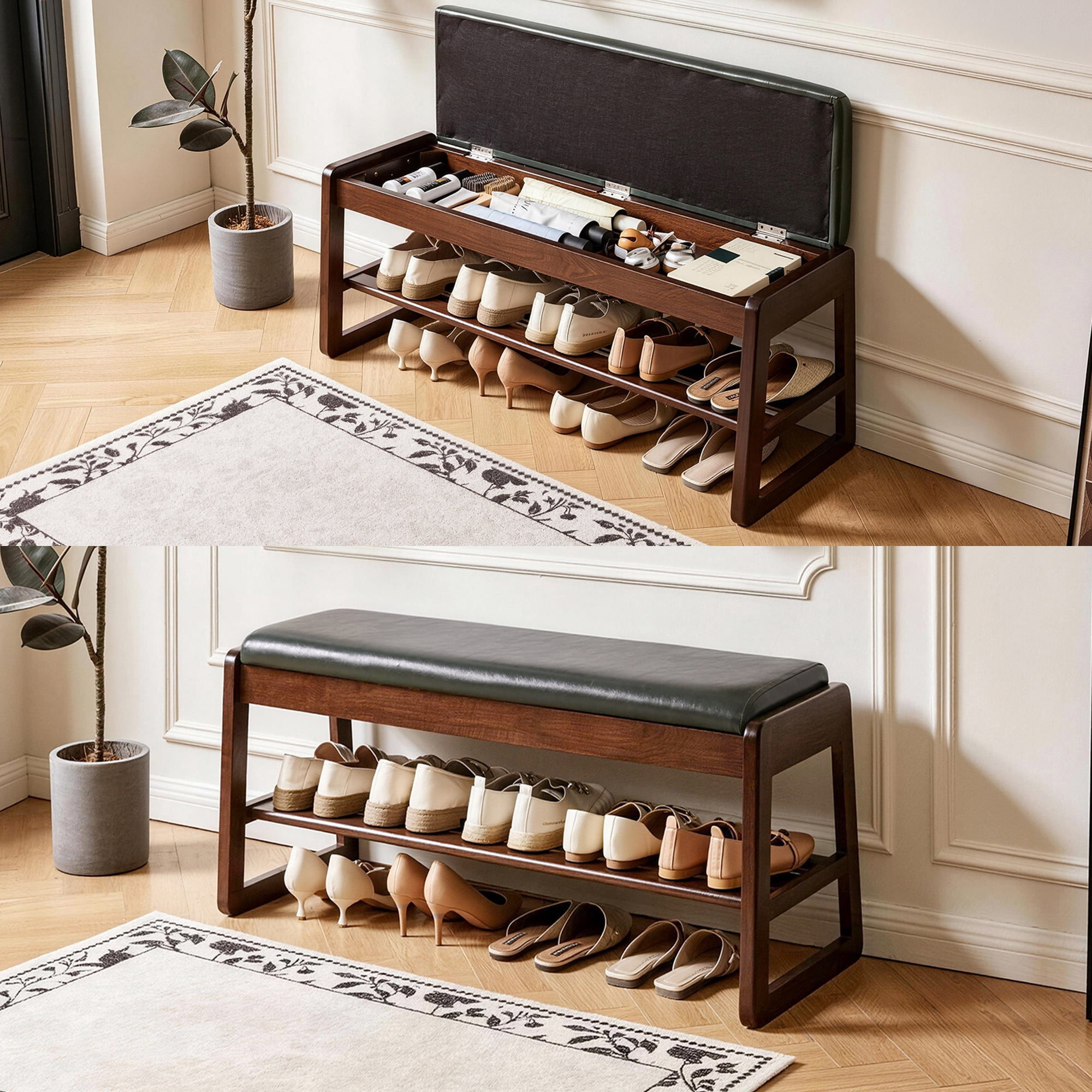 Wood Shoe Storage Bench 39.37 Inch with Vegan Leather Seat, Hidden Lift Top Storage Tiered Open Shoe Shelves, Sturdy Shoe Rack Bench for Entryway Bedroom