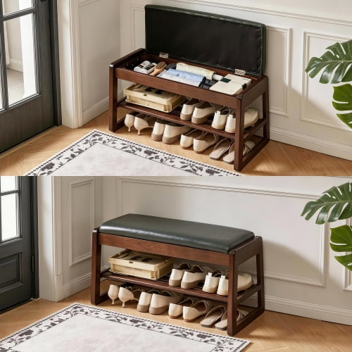 Wood Shoe Storage Bench with Lift-Top Hidden Compartment & Open Shelves, Farmhouse Entryway Bench with Premium Vegan Leather Seat, Sturdy Shoe Rack Organizer for Entryway, Hallway, Bedroom, Green