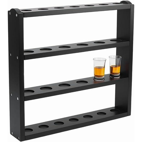 Wood Shot Glass Display Case Bar Collection Stand Four-layer Pine Wood Shot Glasses Holders for Family Party Bar Pub Black 16.93x15.75x2.95inch for DIY