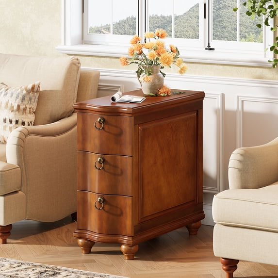 Wood Side Table with 3-Drawers, Fully Assembled Narrow Slim End Table, No Assembly Required, Nightstand for Bedside, Small Spaces, Living Room, Bedroom, Walnut Brown