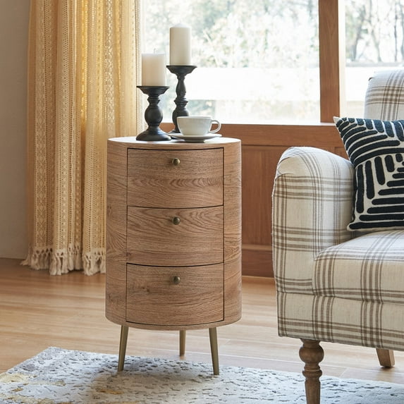 Wood Side Table with 3 Drawers Metal Legs for Living Room Bedroom, Natural