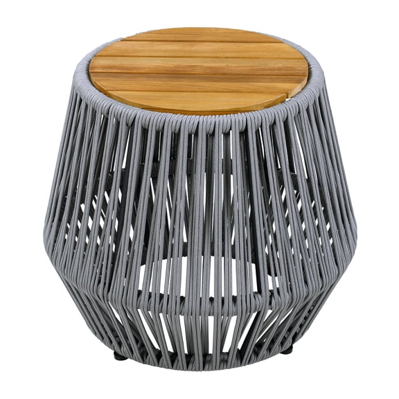 Wood Side Table with Grey Rope Base - Natural Teak Finish, Modern Coastal Accent for Patio, Garden, Balcony & Indoor Use