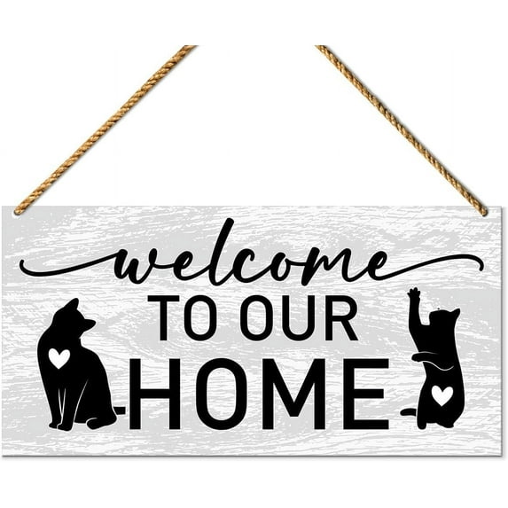 Wood Sign 5x10 Inch Cat Welcome Sign For Front Door Welcome To Our Home Cat Welcome Sign For Home Porch Decor Cat Sign For Gate Fence Yard Home Decoration Cat Dad Mom Owner Lover Gifts Gift For Women