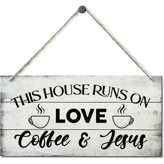 Wood Sign 5x10 Inch Farmhouse Kitchen Wood Signs This House Runs On Love Coffee And Jesus Wooden Hanging Sign Plank Plaque Wall Art Decor Front Door Porch Kitchen Bedroom Garden Bar Pub Hotel