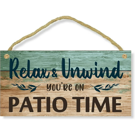Wood Sign 5x10 Inch Patio Wood Signs Relax Unwind You'Re On Patio Time Wooden Hanging String Sign Plank Plaque Wall Art Decor Front Door Porch Bedroom Restroom Gift For Women Men
