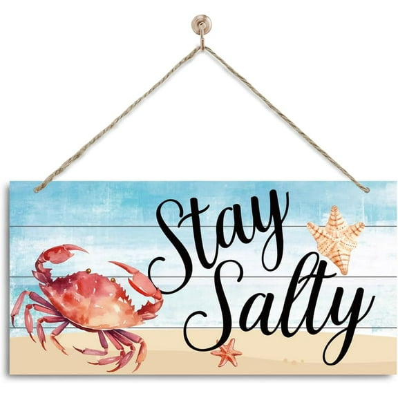 Wood Sign 5x10 Inch Stay Salty Sign Decor Wall Plaque Beach Starfish Wood Hanging Sign Crab Hanging Sign Seaside Cottage Decor Ocean Artwork Decor Coastal Decorations For Home Or Beach House