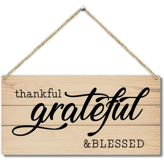 Wood Sign 5x10 Inch Thankful Grateful Blessed Wooden Hanging Sign Decor Front Door Wall Decor Sign Wood Plaque For Farmhouse Living Room Home Office Porch Entryway Christian Hanging Wall Art Gift