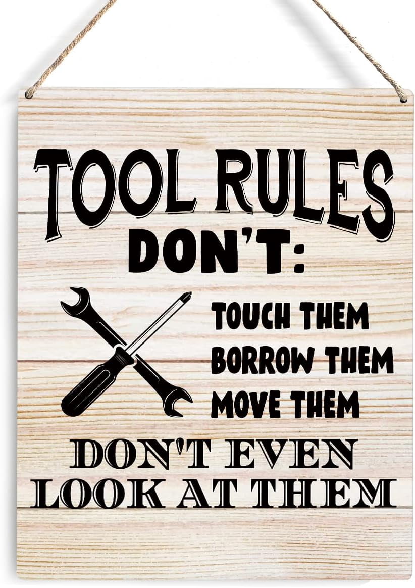 Tool Rules Sign Wood Sign 8x12 Inch Rustic Wood Signs Tool Rules Wooden Hanging Sign ...