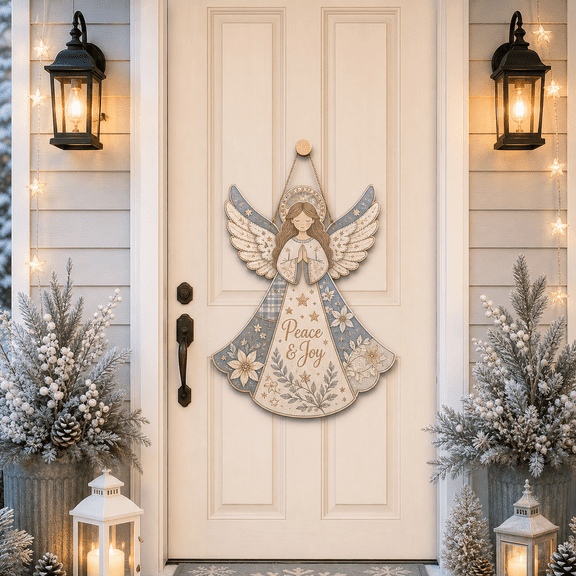 Wood Sign Angel Holiday Wood Front Door Hanging for Christmas Entryway