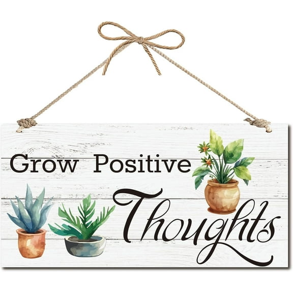 Wood Sign Grow Positive Thoughts Wall Art Wood Plaque Hanging Sign Succulent Cactus Wall Decor Rustic Potting Wall Sign for Front Door Home Farmhouse Kitchen Housewarming 12x6Inch colorful