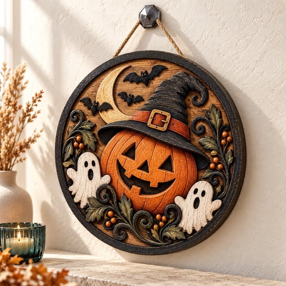 Wood Sign, Halloween Ghosts and Pumpkin, Rustic Wooden Front Door Decor for Halloween