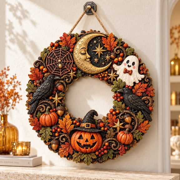Wood Sign, Halloween Spooky Wreath, Rustic Wooden Front Door Decor and Haunted House Wall Art for Halloween