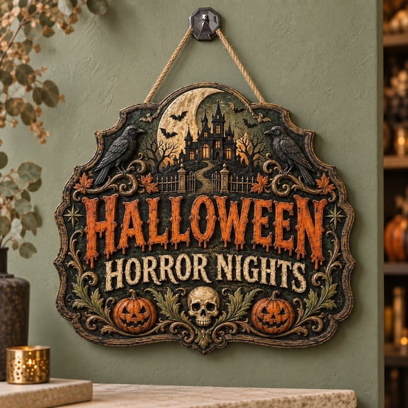Wood Sign, Haunted House Halloween Horror Nights Theme, Wooden Front Door and Wall Decor for Halloween