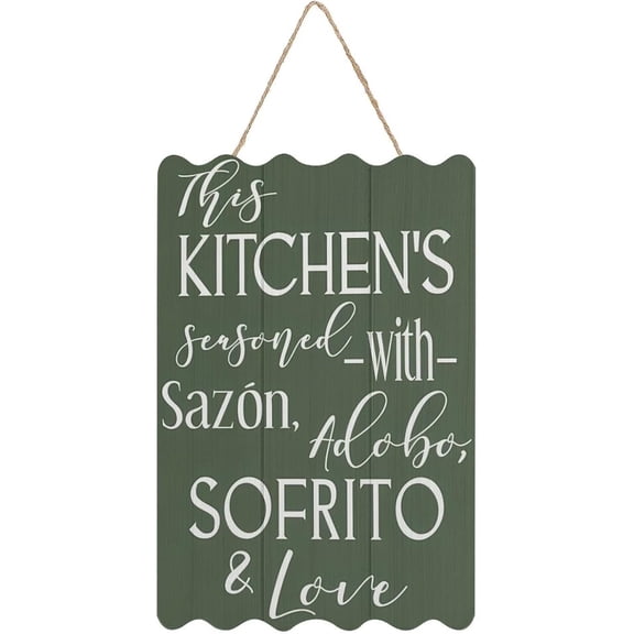 Wood Sign This Kitchen is Seasoned with Sazon Adobo Sofrito & Love La Cocina The Kitchen Spanish Puerto Rican Kitchen Wall Decor Hanging Sign 8x12 Inch (Green)