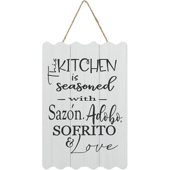 Wood Sign This Kitchen is Seasoned with Sazon Adobo Sofrito & Love La Cocina The Kitchen Spanish Puerto Rican Kitchen Wall Decor Hanging Sign 8x12 Inch (White)