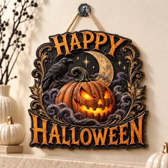 Wood Sign Pumpkin Witch Happy Halloween Design, Wooden Front Door and Wall Decor for Halloween Gift