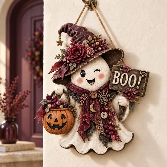 Wood Sign, Winking Ghost BOO Halloween Theme, Front Door Decor and Wall Art for Halloween Home Decor