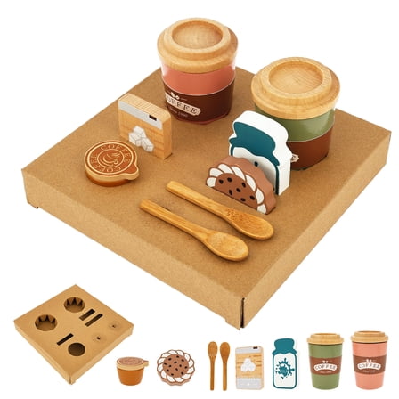 Wood Simulation Play Toy Coffee to Go Café Set 9 Piece Wooden Playset with Cup and Food for Preschool Kid Ages 3+ Year