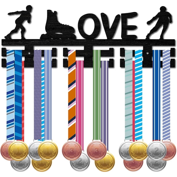 Wood Skidding Medal Holder Sport Medal Hanger Display Medal Rack Wall Rack Mounted over 30 Medals Award Ribbon Stand Running Soccer Football for Competition Athletes Medalist 15.7x5.6 Inch Black