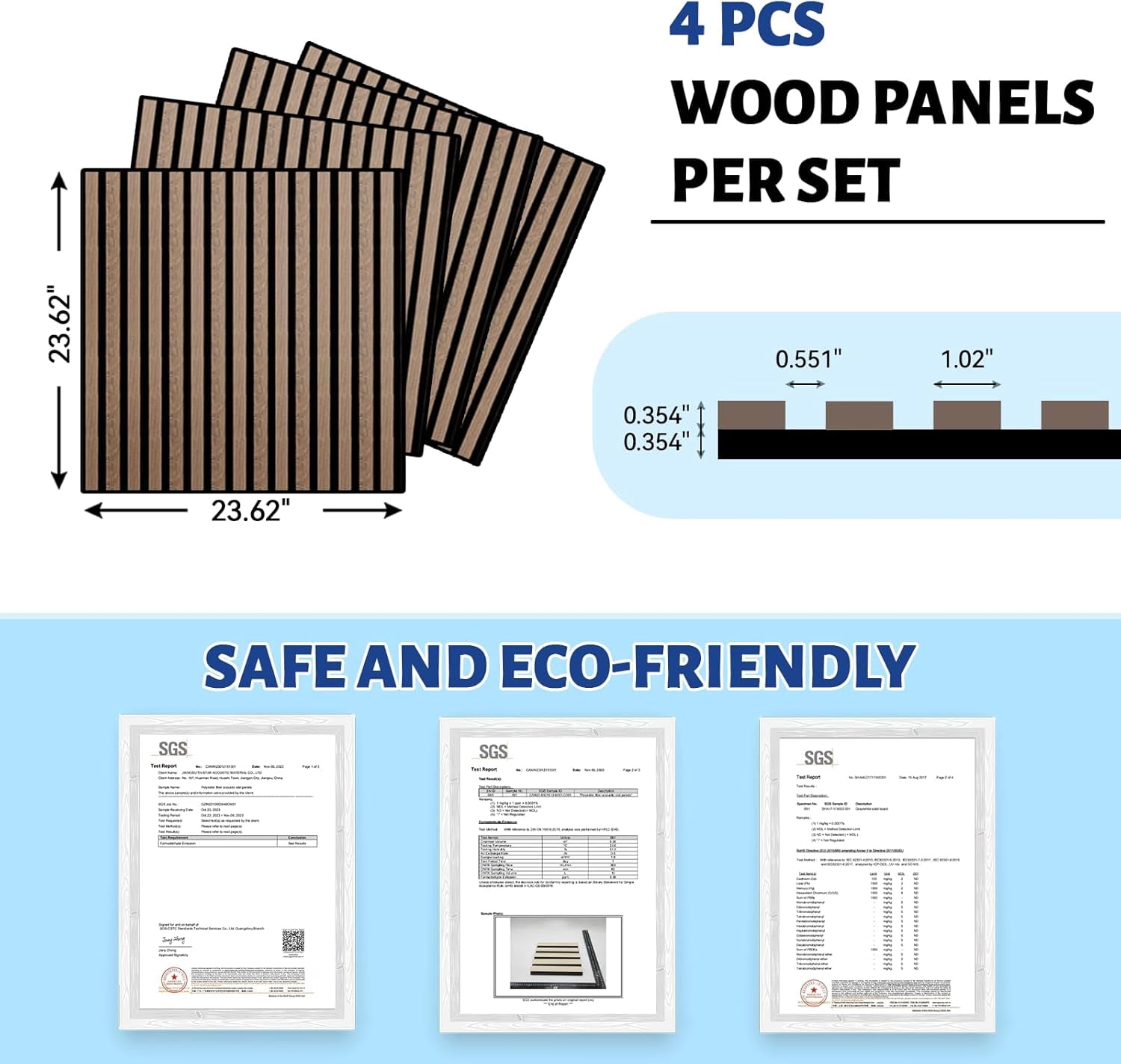 Wood Slat Acoustic Panels (4 Pack/23.6x23.6) – 3D Textured Soundproof Wall Panels for Living Room & Bedroom