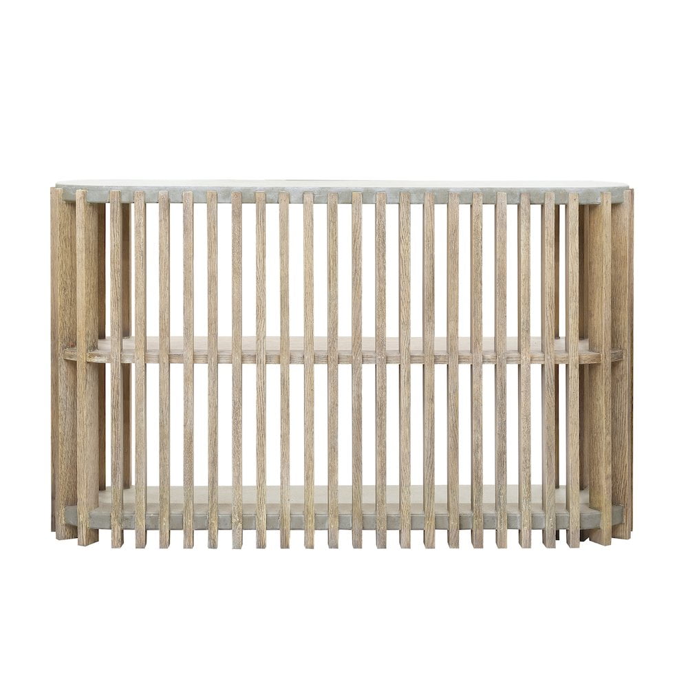 Beige and Gray Wood Slat Display Console with Concrete Top